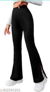 Black cotton lycra bellbottom trousers for women's sporty casual wear, suitable for daily and party events. Solid net pattern, available in sizes 28-36 inches (waist, hip, length). Made in India